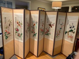 Korean 8 - Panel Folding Screen With Embroidery On Silk Panels