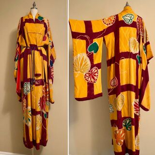 Vtg Hand Painted Japanese Silk Jaquard Long Kimono Robe Embroidered Furoside