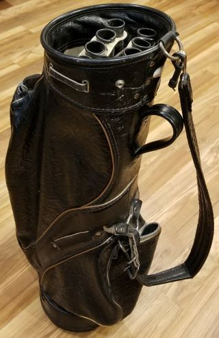 Vintage Ram Gorgeous Black Leather & Gold Trim Golf Bag W/ Black Shoulder Strap