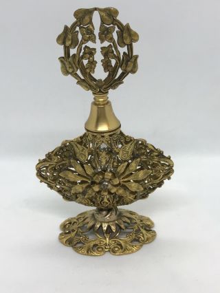 Vintage Very Ornate Gold Filigree Ormolu Perfume Bottle With Top & Glass Dauber