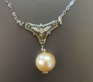 Fine Vintage Sterling Silver Filigree & Pearl Lariat Necklace 15.  75 "