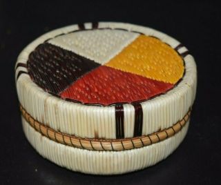 Fine Anishinaabe Indian Quill Birch Bark Basket Box 4 Directions First Nation