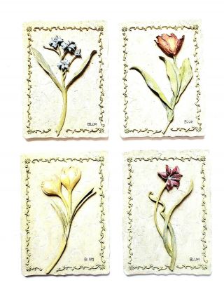 Vintage Cheri Blum Artist Set Of 4 Ceramic Tiles Pictures Wall Plaques Flowers
