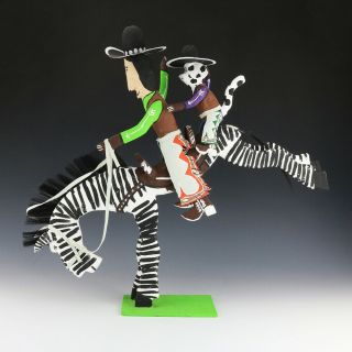 NATIVE AMERICAN NAVAJO FOLK ART COWBOY & DOG RIDING A ZEBRA BY DELBERT BUCK 2