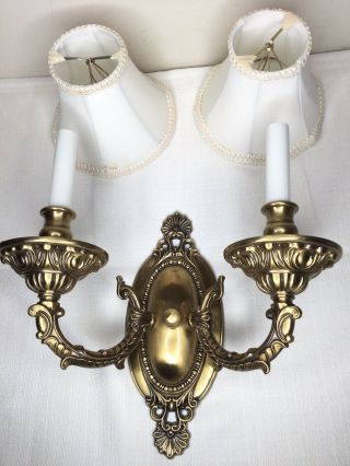 Vintage Brass 2 Light Electric Wall Sconce Luminaire Hollywood Regency W/ Shades