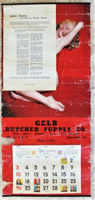 Vintage 1954 Marilyn Monroe Golden Dreams Nude Advertisement Butcher Calendar
