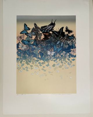 Chizuko Yoshida Signed Woodblock Print ‘butterflies At Seaside’