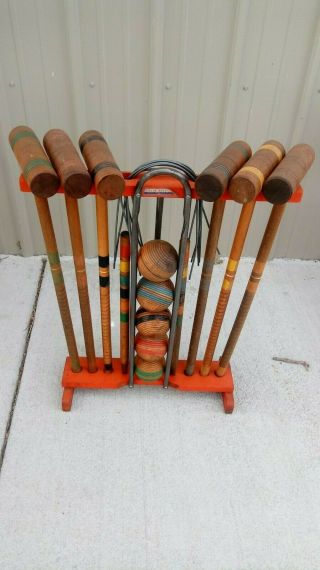 Vintage " South Bend Toy " 6 Player Wooden Croquet Set (missing One Ball)