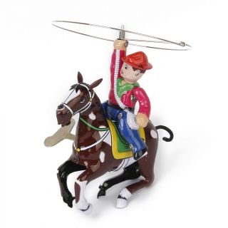 Vintage Wind Up Clockwork Tin Toy Cowboy On Horse W/ Whip Lasso Collectibles