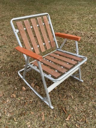 Vintage Red Wood Slat & Aluminum Lawn Chair Rocker Folding Rocking Cedar
