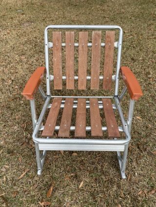 Vintage Red Wood Slat & Aluminum Lawn Chair Rocker Folding Rocking Cedar 2