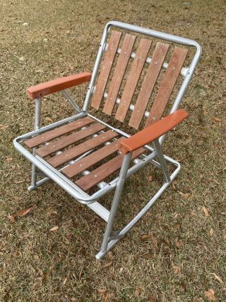 Vintage Red Wood Slat & Aluminum Lawn Chair Rocker Folding Rocking Cedar 3