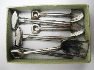 Set Of 6 Vintage Arcade Nickel Plated Cast Iron Miniature Toy Tools Shovels