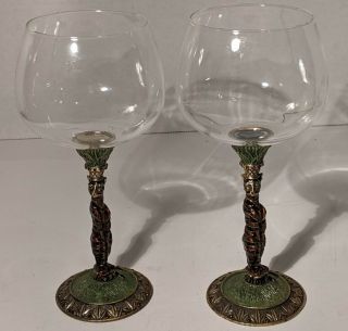 (2) Vintage Egyptian Styled Cat Stemmed Wine Goblets Heavy Enameled Bronze Glass