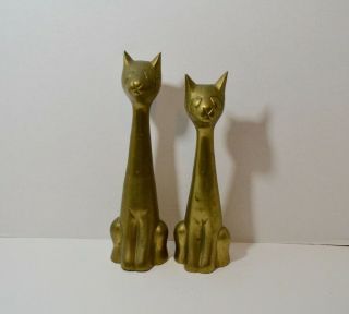 Mid Century Modern Brass Sitting Cat Figurine Set Of 2 10.  5 " &9.  75 " Euc