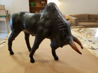 Vintage Black Leather Bull Figure Statue Toro Cattle Bull Fighting Glass Eyes