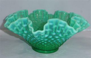 Vintage Fenton Turquoise/green Hobnail Ruffled Edge Bowl/dish Euc