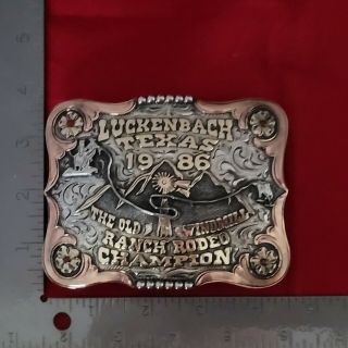 RODEO TROPHY BUCKLE☆1986☆LUCKENBACH TEXAS CALF ROPING CHAMPION VINTAGE 432 2