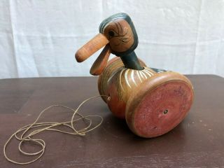 Vintage Hand Painted Wooden Duck Pull Toy