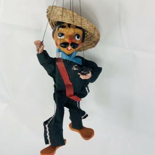 Vintage Marionette String Puppet Mexican Bandit Sombrero Handcrafted 15 "