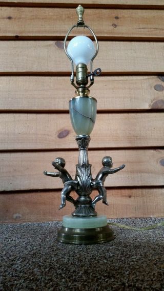 Vintage Cast Metal Lamp With Cherub Angel Base With Marble Accents Lamp