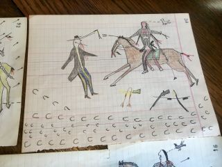 Group Of Four Native American Ledger Art Drawings.  Old. 3