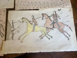 Group Of Four Native American Ledger Art Drawings.  Old. 4