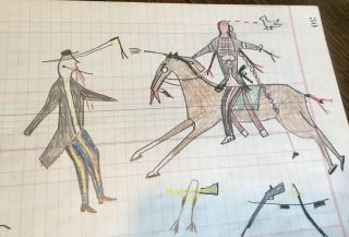 Group Of Four Native American Ledger Art Drawings.  Old. 6