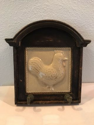 Vintage Ceramic Chicken Rooster Tile On Wood Towel Apron Holder Wall Hook