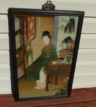 Chinese Trade Reverse Glass Painting Of A Beauty 20th C.  Framed Signed On Back