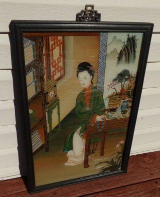 Chinese Trade Reverse Glass Painting of A Beauty 20th C.  Framed Signed on Back 2
