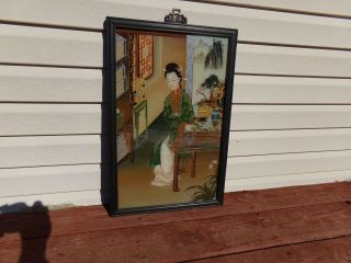 Chinese Trade Reverse Glass Painting of A Beauty 20th C.  Framed Signed on Back 4