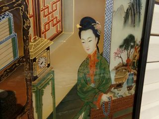 Chinese Trade Reverse Glass Painting of A Beauty 20th C.  Framed Signed on Back 5