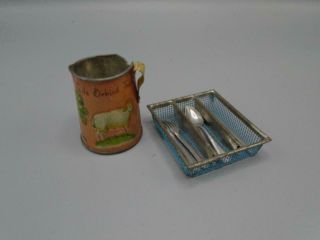 Vintage Miniature German Metal Utensils & Ohio Art Tin Lithograph Water Pitcher