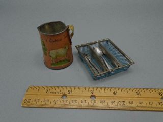 Vintage Miniature German Metal Utensils & Ohio Art Tin Lithograph Water Pitcher 2