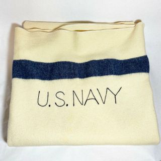 Vintage Us Navy Cream Blue Stripe Wool Blanket 80 X 64 Inches Wwii