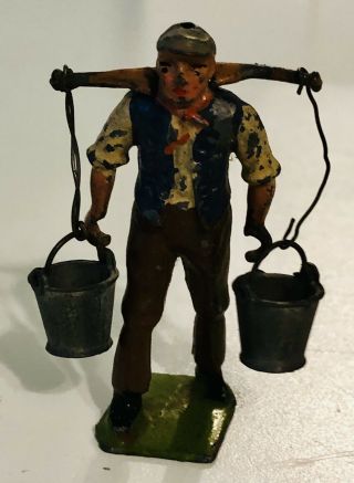 Vtg 1930s Britain Lead Farm Series Man With Two Buckets/pails 2”