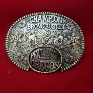 1987 Vintage Rodeo Trophy Buckle Pendelton Oregon Bronc Ride Cowboy Champion 896