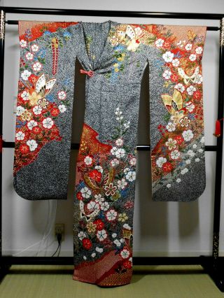 Japanese Kimono Silk " Furisode " Long Sleeves,  Gold Leaf,  Butterfly,  64 ".  M, .  1443