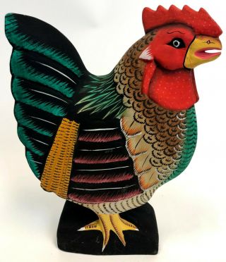 Vintage 13 " Bright Colorful Painted Carved Wood Chicken Rooster Statue Figure