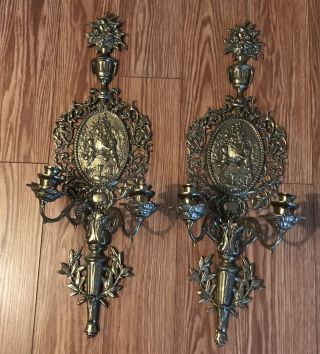 Set Of 2 Vtg 24.  5” Solid Brass Wall Sconce Double Candle Holder Made In Korea