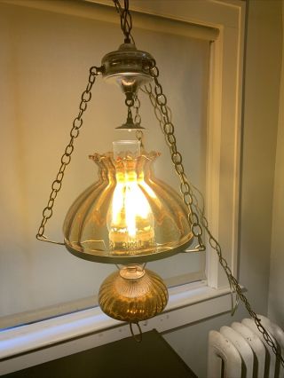 Vintage Amber Hanging Electric Lamp Light With Hurricane 10” Fitter
