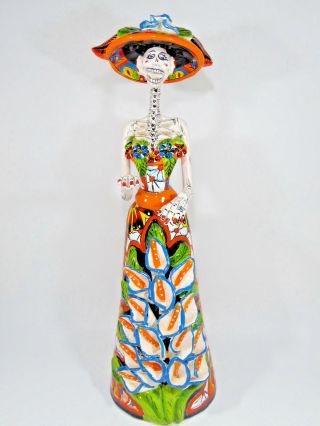 Large Catrina With Calla Lilies Dress,  Mexican Talavera Day Of The Dead Folk Art