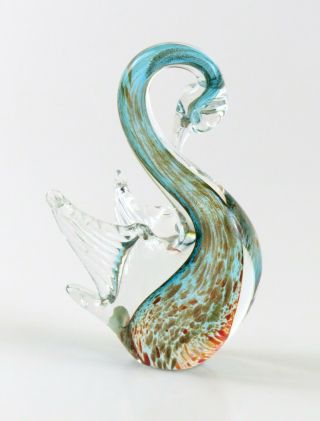 Vintage Gold Fleck Aqua Murano Italy Venetian Art Glass Swan,  5 1/2 " Tall