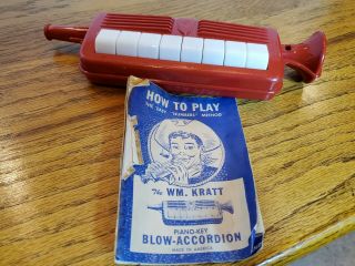 Vintage Red & White Plastic Blow Accordion Toy By Wk