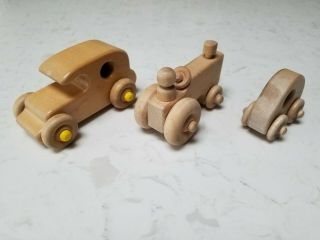 3 Vintage Handmade Wooden Wood Cars W/ Rolling Wheels
