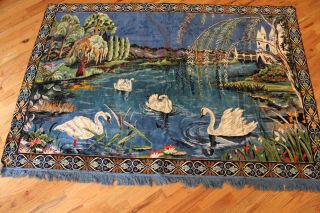 Large Wall Tapestry Swans On A Lake Near A Castle Landscape Vintage 75 " X53 " Art