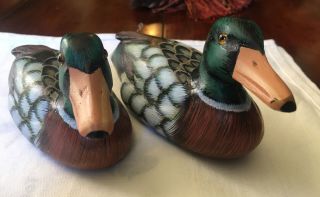 Set Of 2 Colorful Wooden Ducks Hand Painted With Glass Eyes 6” Long