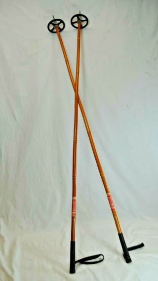 Vintage Pair Skilom Bamboo Ski Poles Leather Straps Norway 55 " Cabin Decor