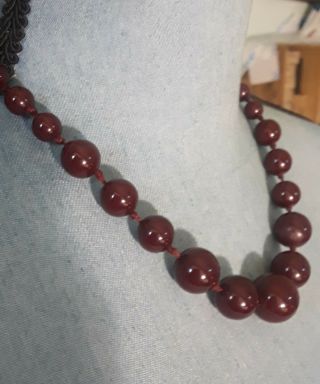 Vintage Bakelite Cherry Amber Graduated Bead Necklace 19 " Burgundy Red
